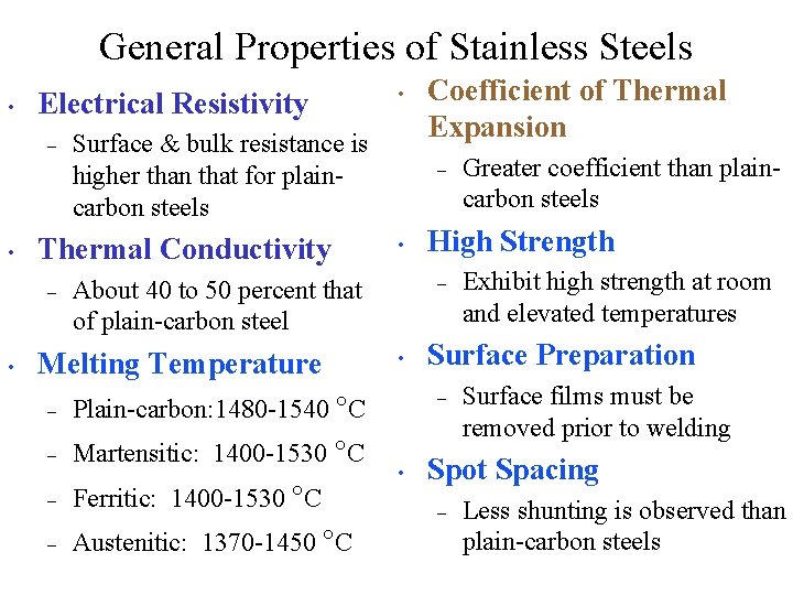 General Properties of Stainless Steels • Electrical Resistivity – • • Surface & bulk