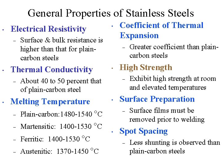 General Properties of Stainless Steels • Electrical Resistivity – • • Surface & bulk
