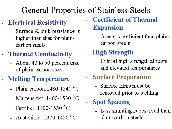 General Properties of Stainless Steels • Electrical Resistivity – • • Surface & bulk