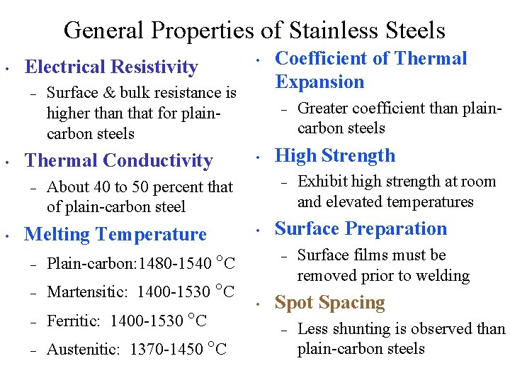General Properties of Stainless Steels • Electrical Resistivity – • • Surface & bulk