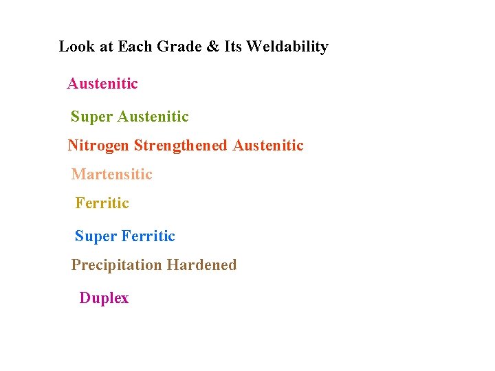 Look at Each Grade & Its Weldability Austenitic Super Austenitic Nitrogen Strengthened Austenitic Martensitic