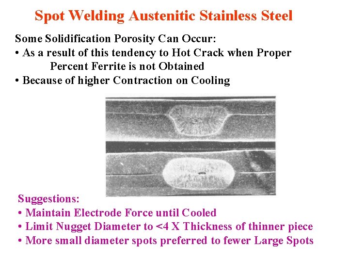 Spot Welding Austenitic Stainless Steel Some Solidification Porosity Can Occur: • As a result