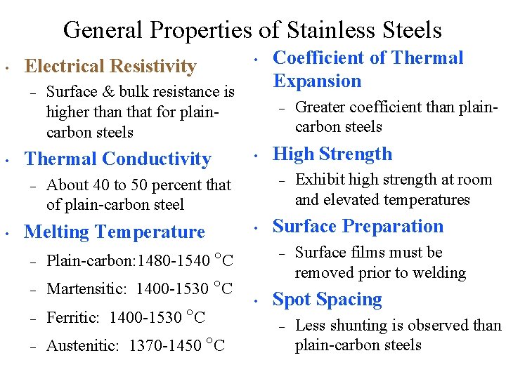 General Properties of Stainless Steels • Electrical Resistivity – • • Surface & bulk