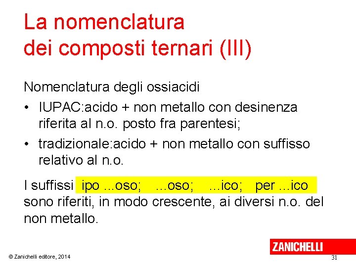 La nomenclatura dei composti ternari (III) Nomenclatura degli ossiacidi • IUPAC: acido + non