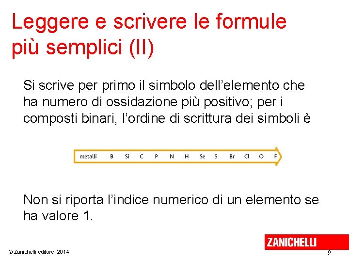 Leggere e scrivere le formule più semplici (II) Si scrive per primo il simbolo