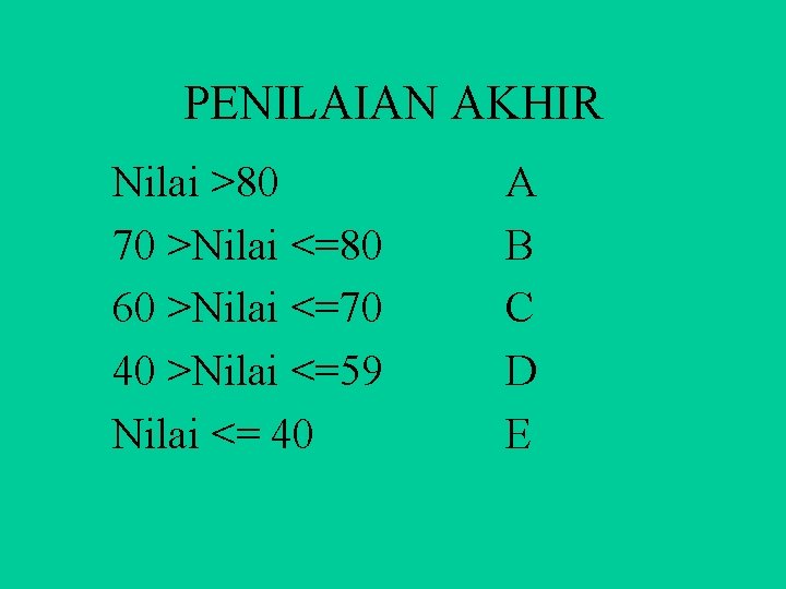 PENILAIAN AKHIR Nilai >80 70 >Nilai <=80 60 >Nilai <=70 40 >Nilai <=59 Nilai