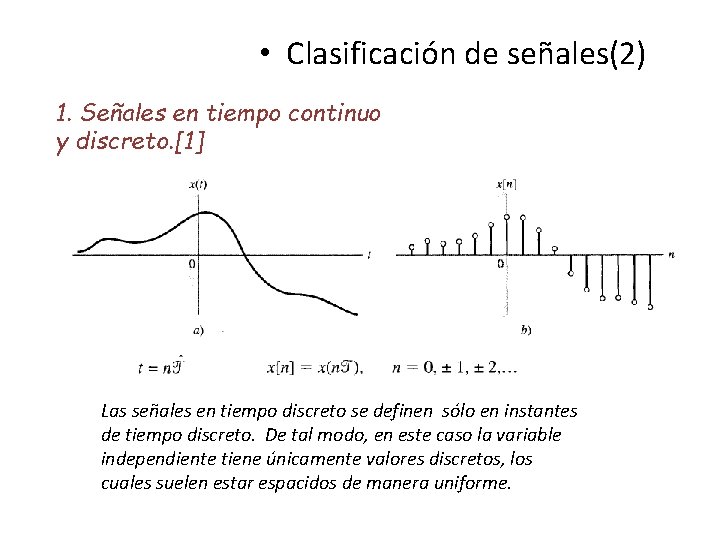  • Clasificación de señales(2) 1. Señales en tiempo continuo y discreto. [1] Las