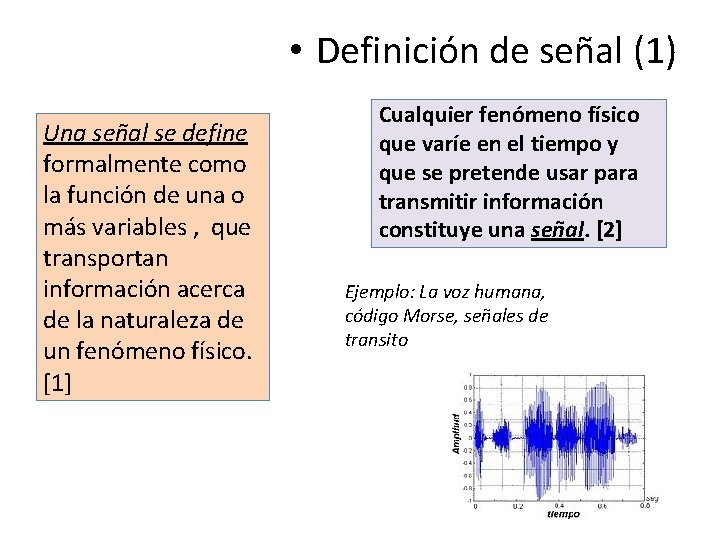  • Definición de señal (1) Una señal se define formalmente como la función