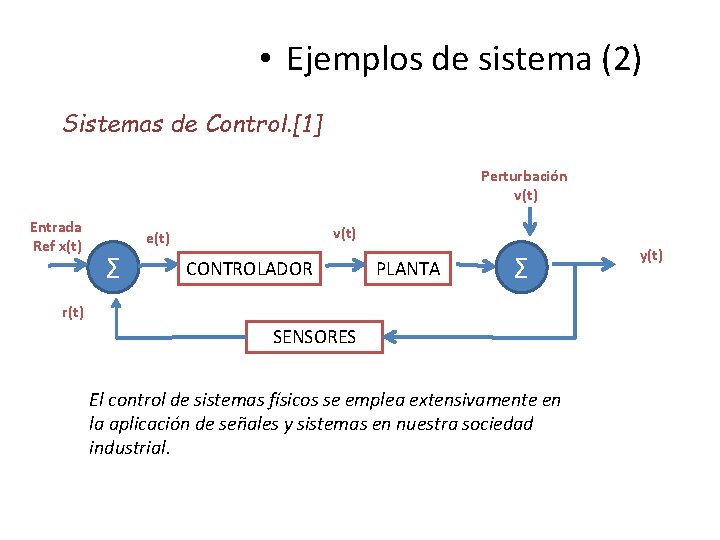  • Ejemplos de sistema (2) Sistemas de Control. [1] Perturbación v(t) Entrada Ref