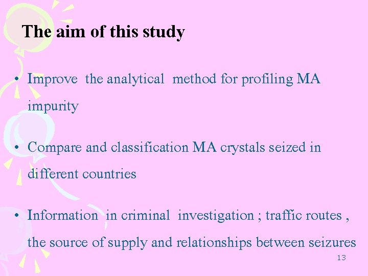 The aim of this study • Improve the analytical method for profiling MA impurity The aim of this study • Improve the analytical method for profiling MA impurity