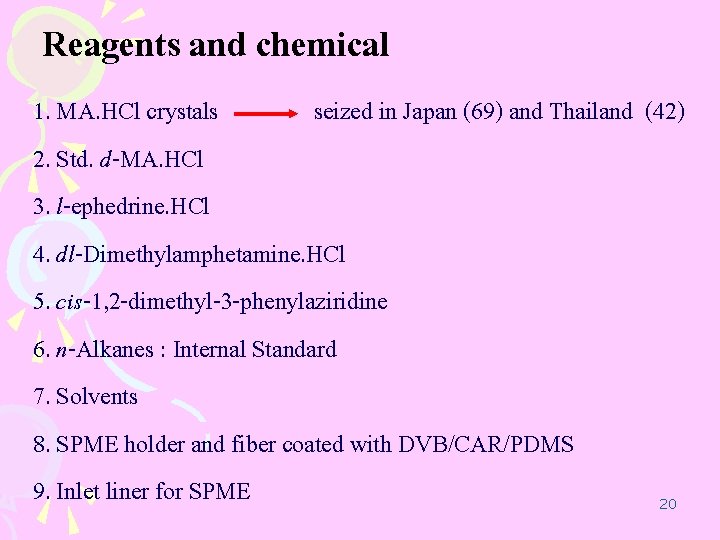 Reagents and chemical 1. MA. HCl crystals seized in Japan (69) and Thailand (42)