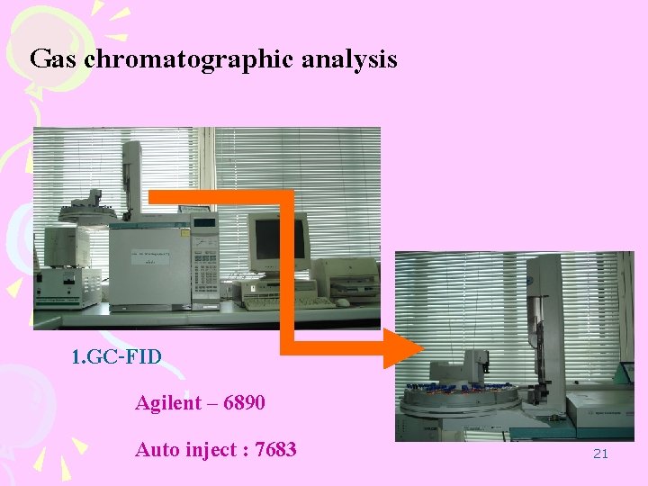 Gas chromatographic analysis 1. GC-FID Agilent – 6890 Auto inject : 7683 21 Gas chromatographic analysis 1. GC-FID Agilent – 6890 Auto inject : 7683 21