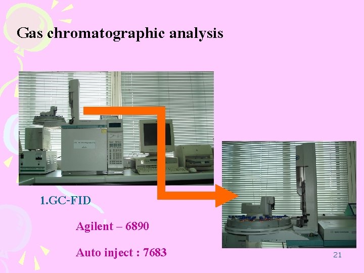 Gas chromatographic analysis 1. GC-FID Agilent – 6890 Auto inject : 7683 21 