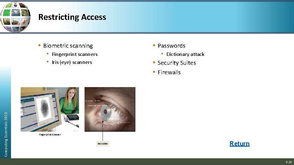 Restricting Access • Biometric scanning Computing Essentials 2015 • Fingerprint scanners • Iris (eye)