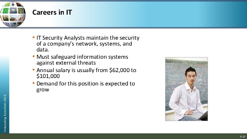 Careers in IT • IT Security Analysts maintain the security Computing Essentials 2015 of