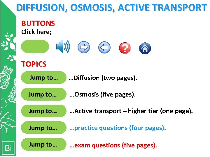 DIFFUSION, OSMOSIS, ACTIVE TRANSPORT BUTTONS Click here; Clicking here will allow you to hear