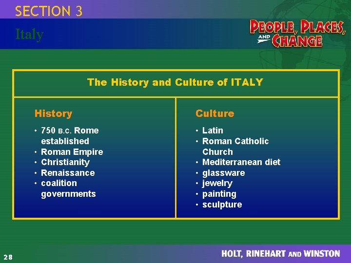 SECTION 3 HOLT People, Places, and Change Italy The History and Culture of ITALY SECTION 3 HOLT People, Places, and Change Italy The History and Culture of ITALY
