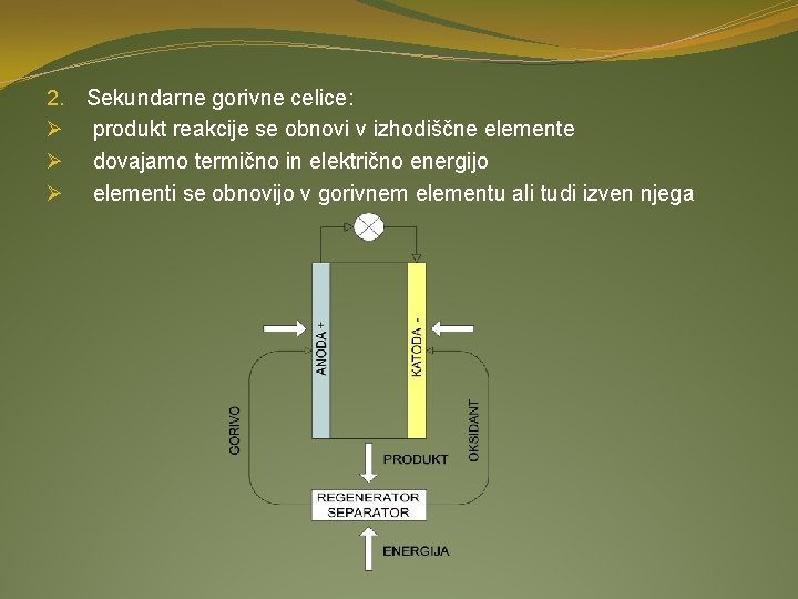 2. Ø Ø Ø Sekundarne gorivne celice: produkt reakcije se obnovi v izhodiščne elemente