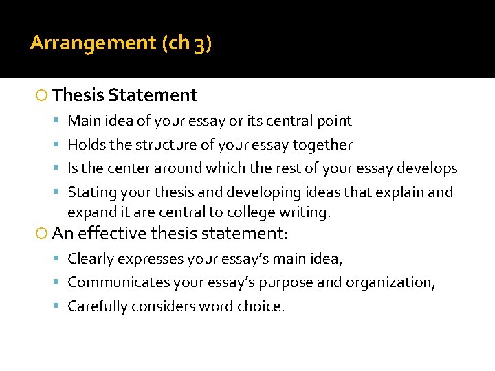 Arrangement (ch 3) Thesis Statement Main idea of your essay or its central point