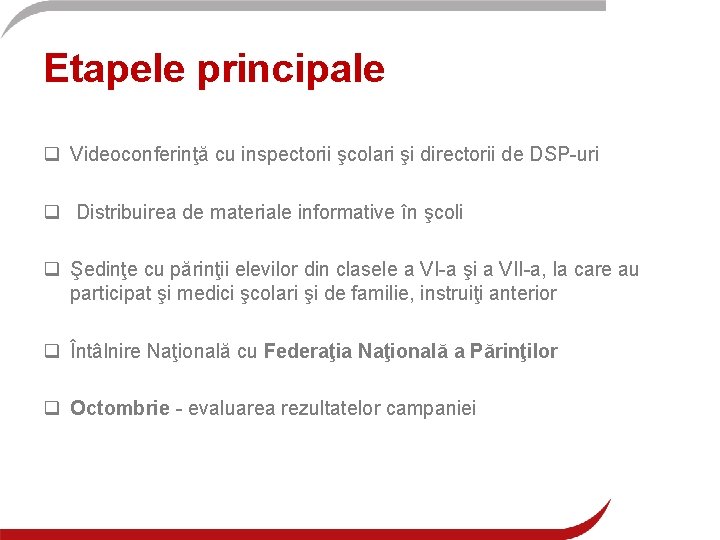 Etapele principale q Videoconferinţă cu inspectorii şcolari şi directorii de DSP-uri q Distribuirea de