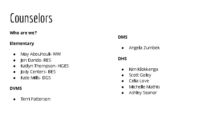 Counselors Who are we? Elementary ● ● ● May Abouhouli- WW Jen Dando- RES