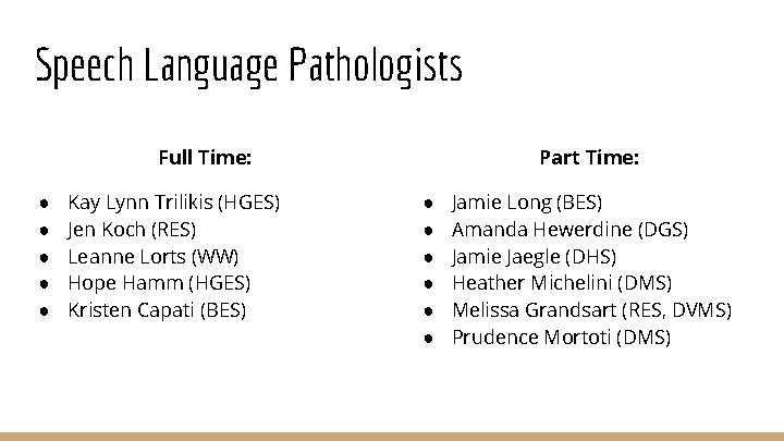 Speech Language Pathologists Full Time: ● ● ● Kay Lynn Trilikis (HGES) Jen Koch