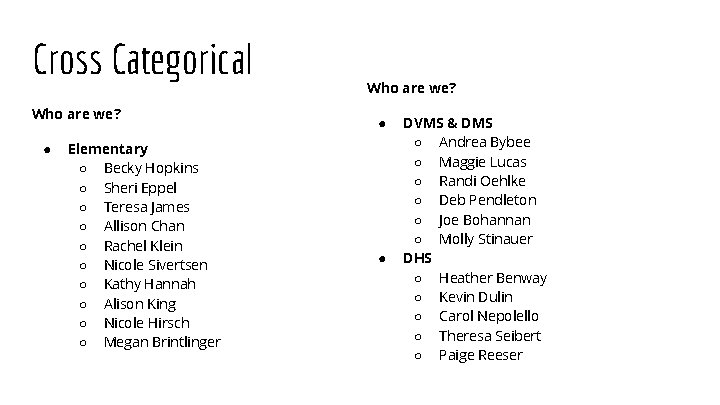 Cross Categorical Who are we? ● Elementary ○ Becky Hopkins ○ Sheri Eppel ○ Cross Categorical Who are we? ● Elementary ○ Becky Hopkins ○ Sheri Eppel ○