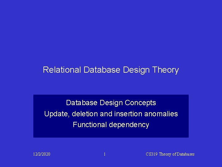 Relational Database Design Theory Database Design Concepts Update, deletion and insertion anomalies Functional dependency