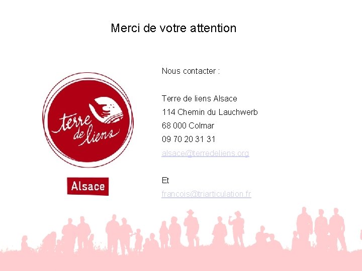 Merci de votre attention Nous contacter : Terre de liens Alsace 114 Chemin du