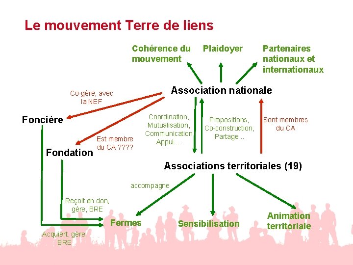 Le mouvement Terre de liens Cohérence du mouvement Partenaires nationaux et internationaux Association nationale