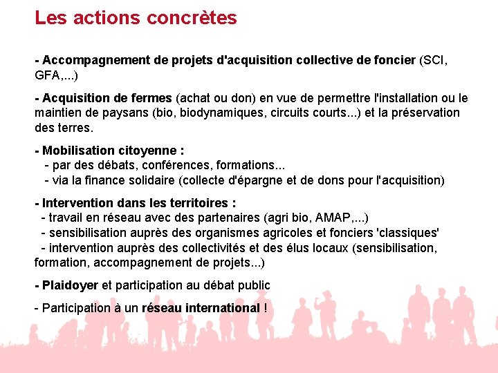 Les actions concrètes - Accompagnement de projets d'acquisition collective de foncier (SCI, GFA, .