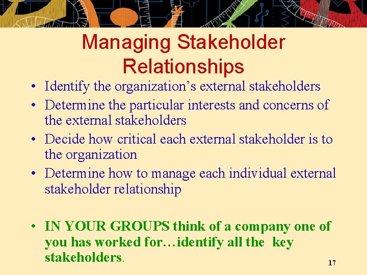 Managing Stakeholder Relationships • Identify the organization’s external stakeholders • Determine the particular interests
