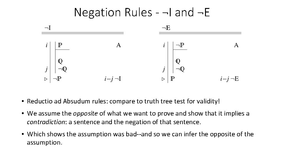 Negation Rules - ¬I and ¬E • Reductio ad Absudum rules: compare to truth