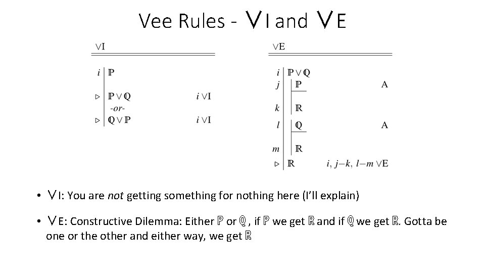 Vee Rules - ∨I and ∨E • ∨I: You are not getting something for