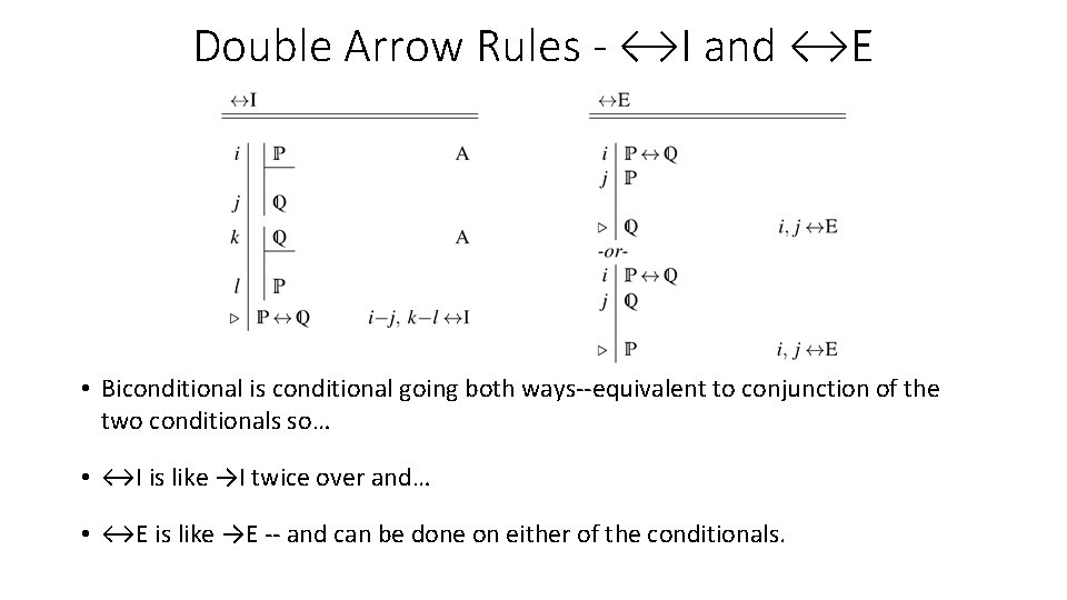 Double Arrow Rules - ↔I and ↔E • Biconditional is conditional going both ways--equivalent