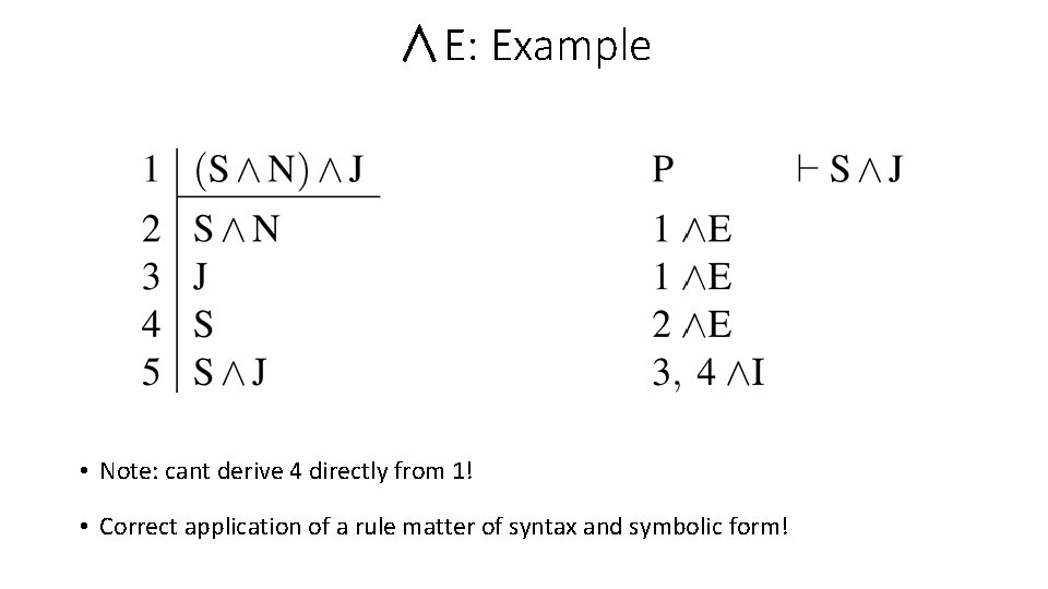 ∧E: Example • Note: cant derive 4 directly from 1! • Correct application of