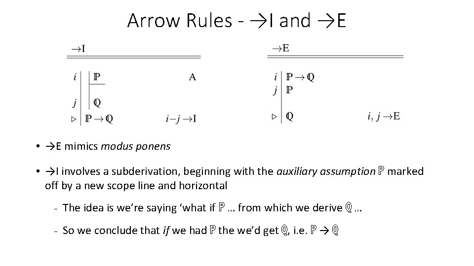 Arrow Rules - →I and →E • →E mimics modus ponens • →I involves