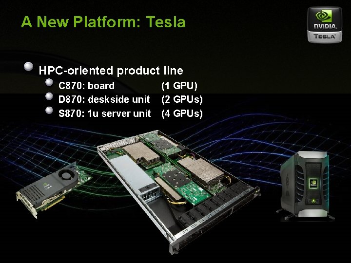 A New Platform: Tesla HPC-oriented product line C 870: board D 870: deskside unit