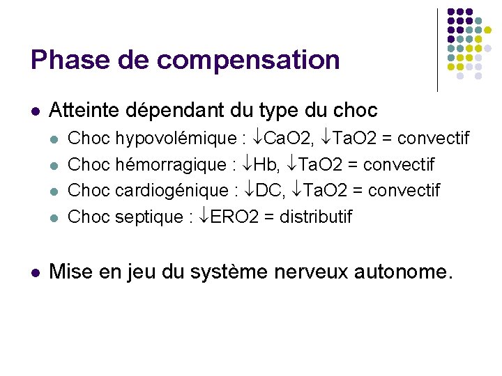 Phase de compensation Atteinte dépendant du type du choc Choc hypovolémique : Ca. O