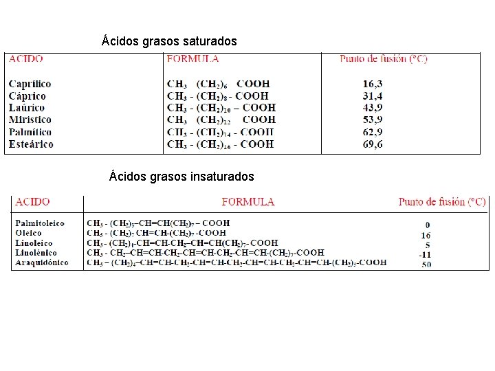 Ácidos grasos saturados Ácidos grasos insaturados 