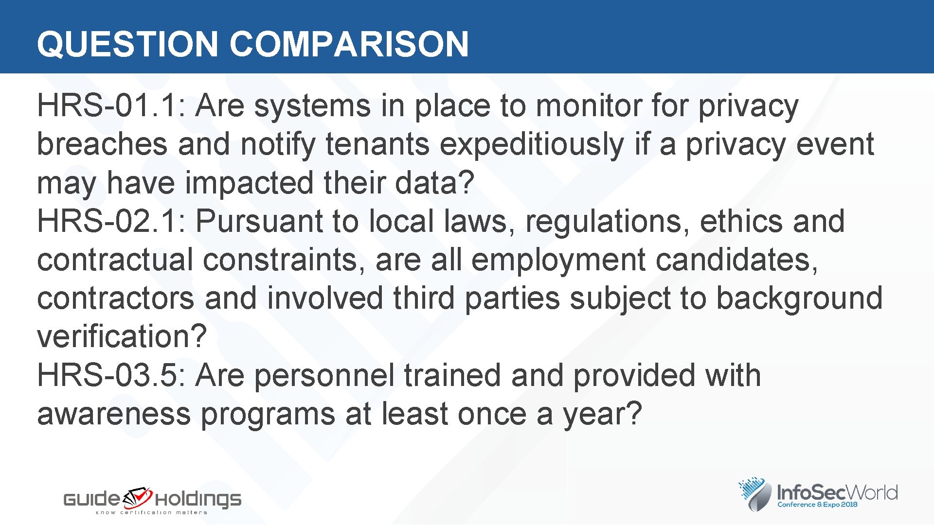QUESTION COMPARISON HRS-01. 1: Are systems in place to monitor for privacy breaches and