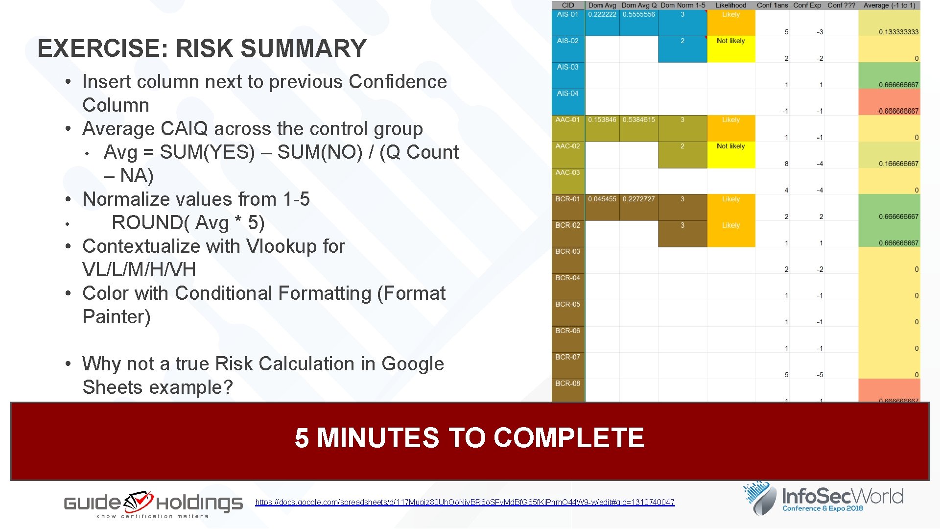 EXERCISE: RISK SUMMARY • Insert column next to previous Confidence Column • Average CAIQ