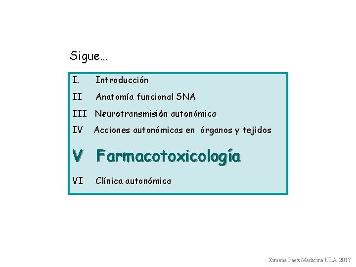 Sigue… I. Introducción II Anatomía funcional SNA III Neurotransmisión autonómica IV Acciones autonómicas en