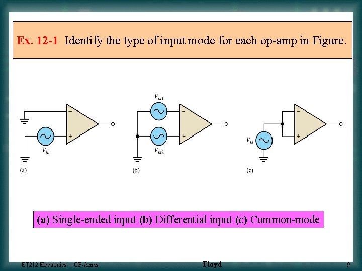 Ex. 12 -1 Identify the type of input mode for each op-amp in Figure.