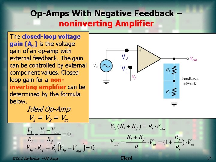 Op-Amps With Negative Feedback – noninverting Amplifier The closed-loop voltage gain (Acl) is the