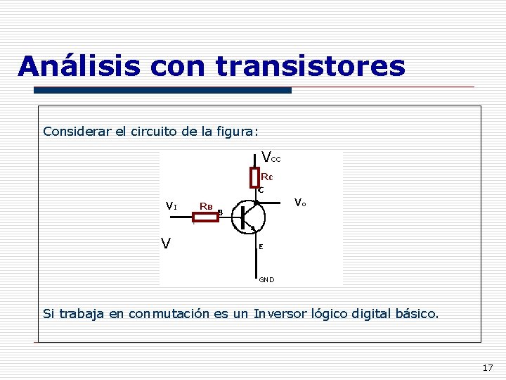 Análisis con transistores Considerar el circuito de la figura: VCC RC v. I vo