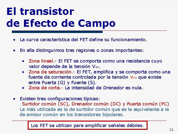 El transistor de Efecto de Campo • La curva característica del FET define su