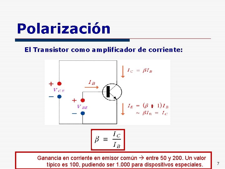 Polarización El Transistor como amplificador de corriente: Ganancia en corriente en emisor común entre