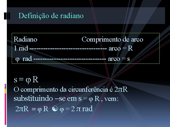 Definição de radiano Radiano Comprimento de arco 1 rad ----------------- arco = R φ