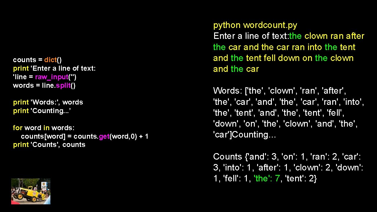 counts = dict() print 'Enter a line of text: 'line = raw_input('') words =